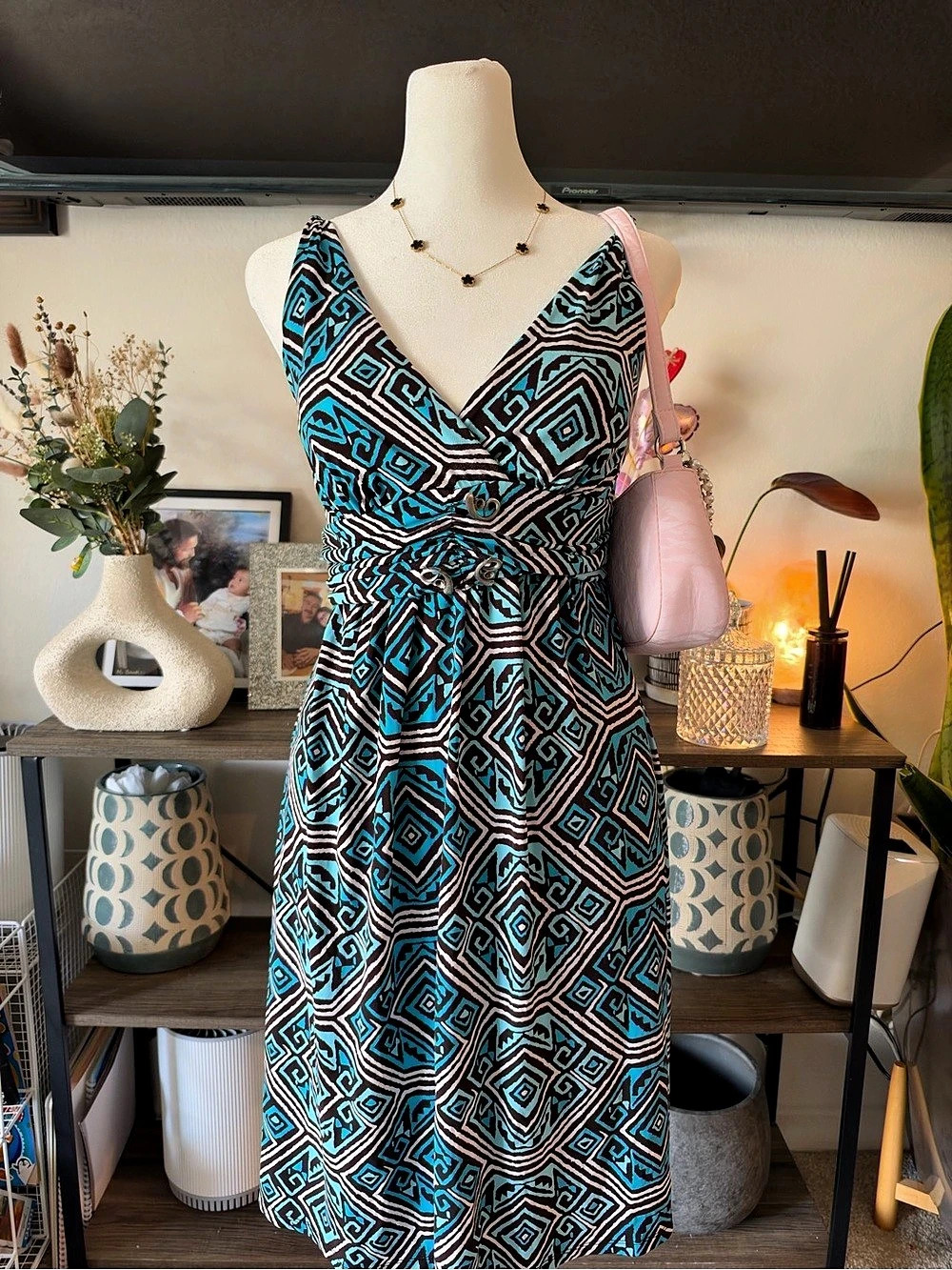 Bisou Geometric Maxi Dress in Brown & Blue Size 4
